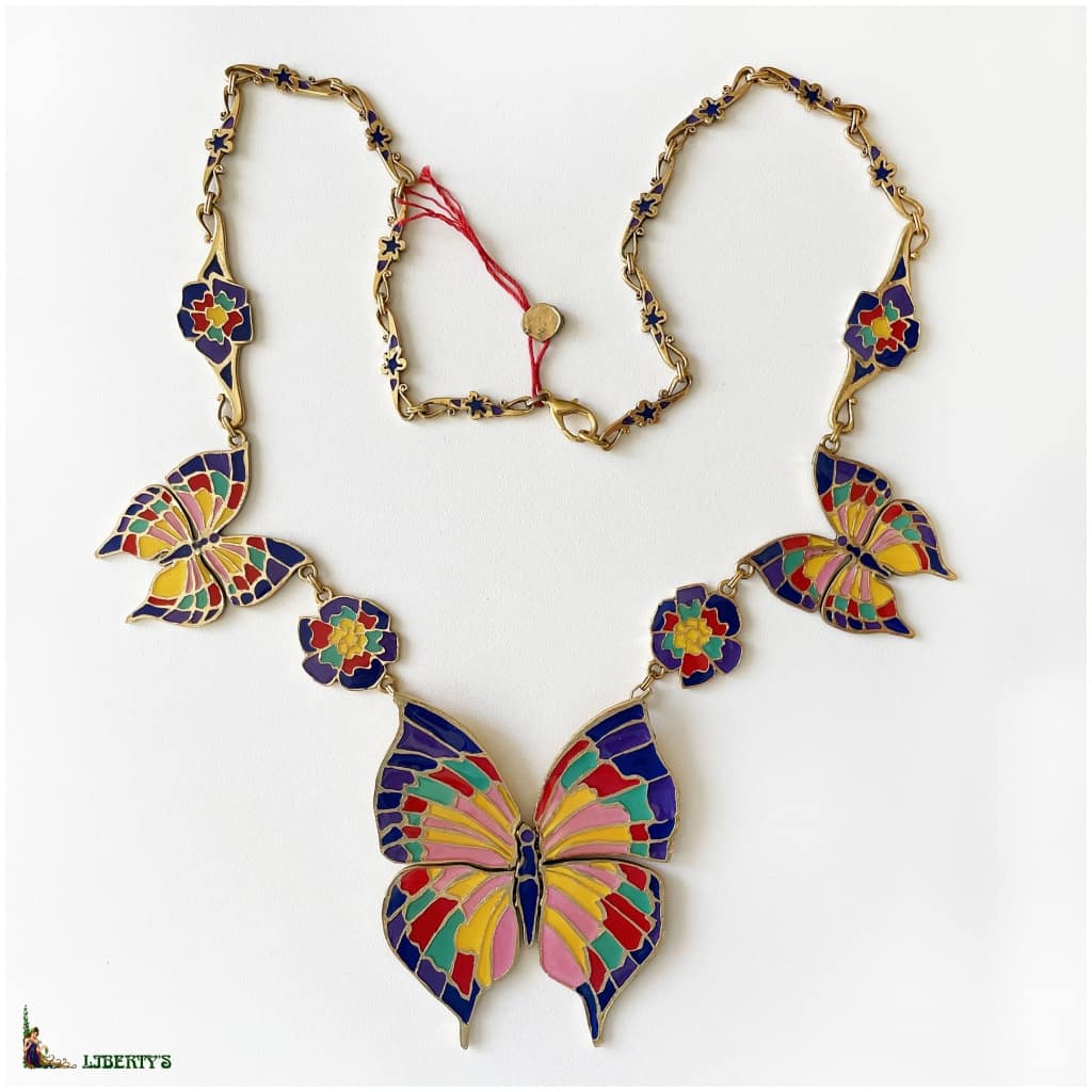 Large enamelled gold-plated necklace with Black Orchid butterflies, long. 71cm (1980-1990) 3