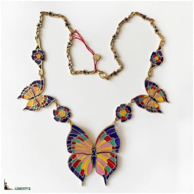 Large enameled gold-plated necklace with Black Orchid butterflies, long. 71cm (1980-1990)