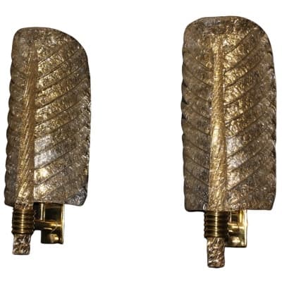 Pair of golden Murano glass sconces, leaf-shaped wall sconces, Barovier style