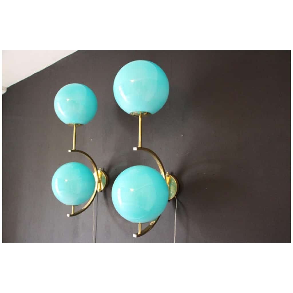 Pair of Mid-Century Modern Italian Sconces in Brass and Turquoise Blue Glass 3