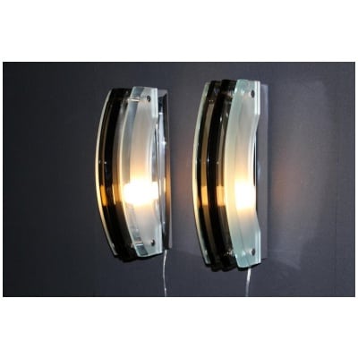 Pair of smoked and light green glass sconces in the Max Ingrand style