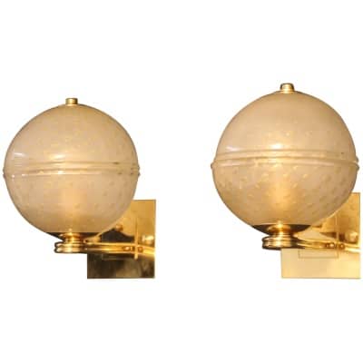Paire d’appliques vénitiennes en verre de Murano Pulegoso doré de style Barovier