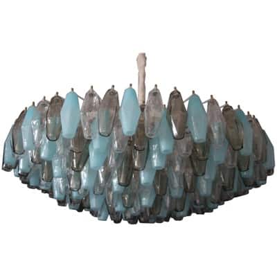 Round Mid-Century Venini Style Chandelier in Blue, Amber and White Poliedri