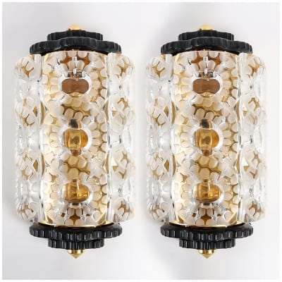 Lalique France – Paire d’Appliques Seville Cristal Blanc Et Noir Monture Dorée