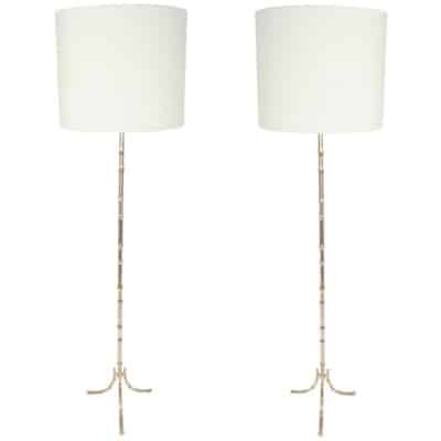 1960 Paire de Lampadaires en bronze doré Maison Baguès