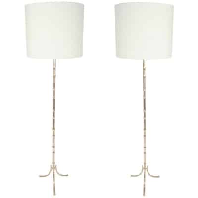 1960 Pair of gilt bronze floor lamps Maison Baguès