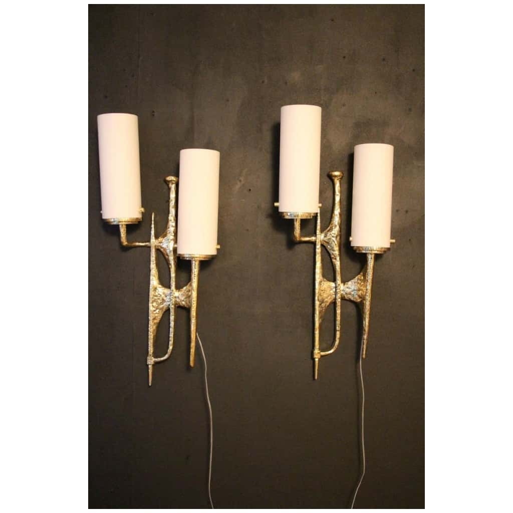 Modern Midcentury Pair of Maison Arlus style bronze wall sconces by Felix Agostini 11