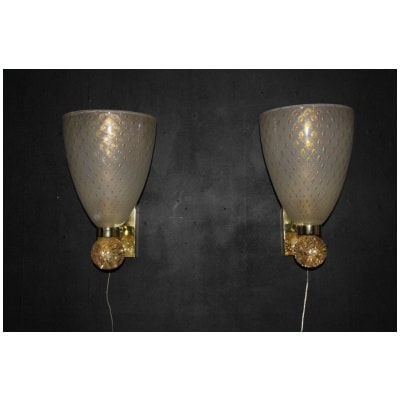 Appliques de style Barovier en verre de Murano Pulegoso dor avec paillettes et bulles d’or