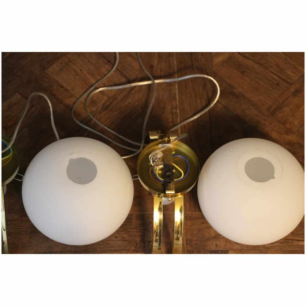 Paire de globes modernes en laiton et verre de Murano blanc, style Stilnovo 10
