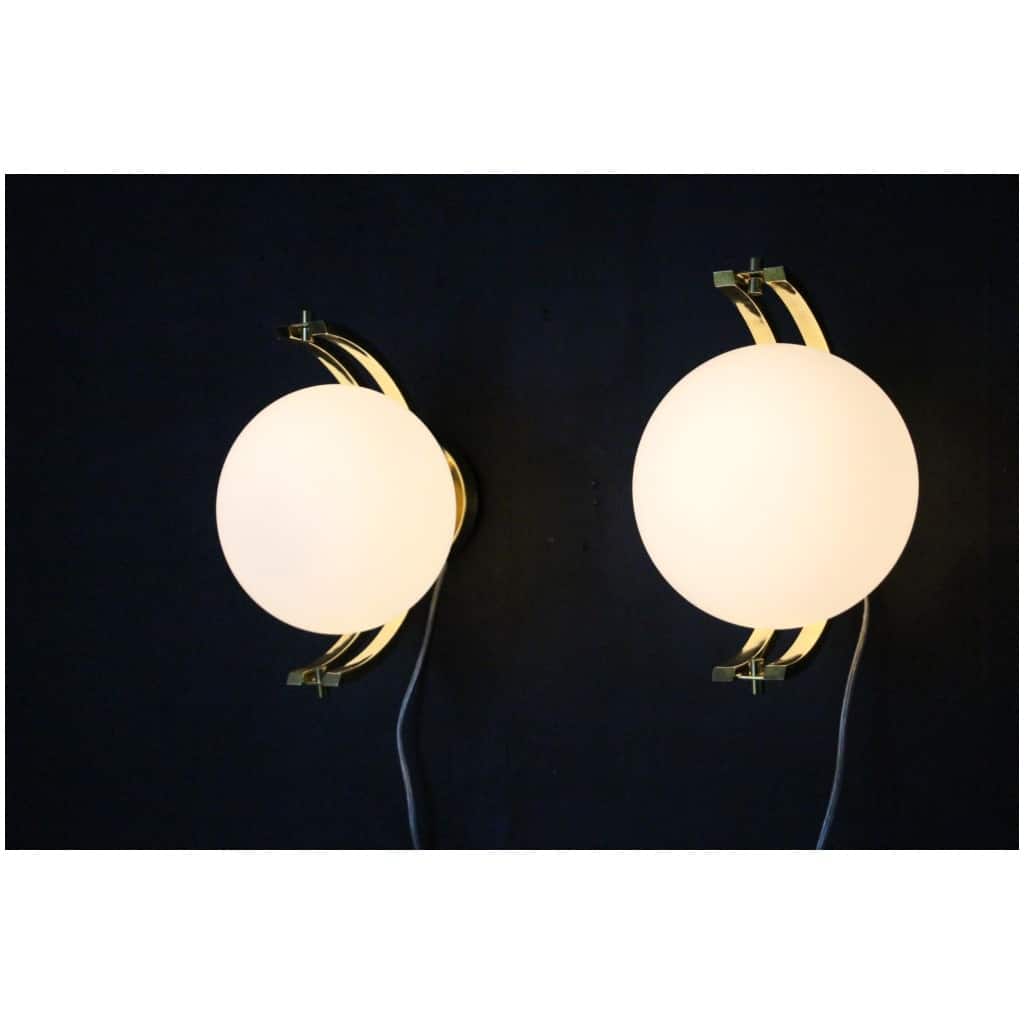 Paire de globes modernes en laiton et verre de Murano blanc, style Stilnovo 11