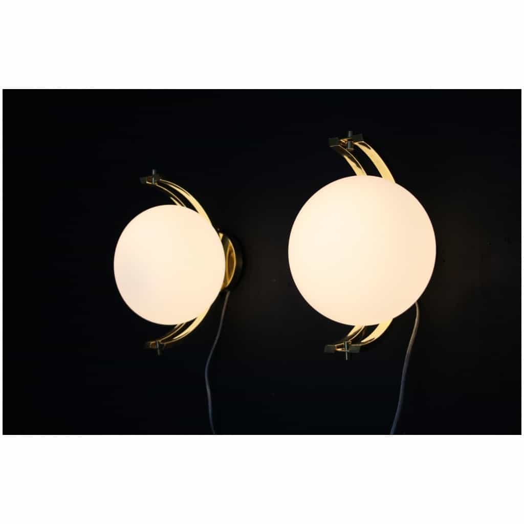 Paire de globes modernes en laiton et verre de Murano blanc, style Stilnovo 14