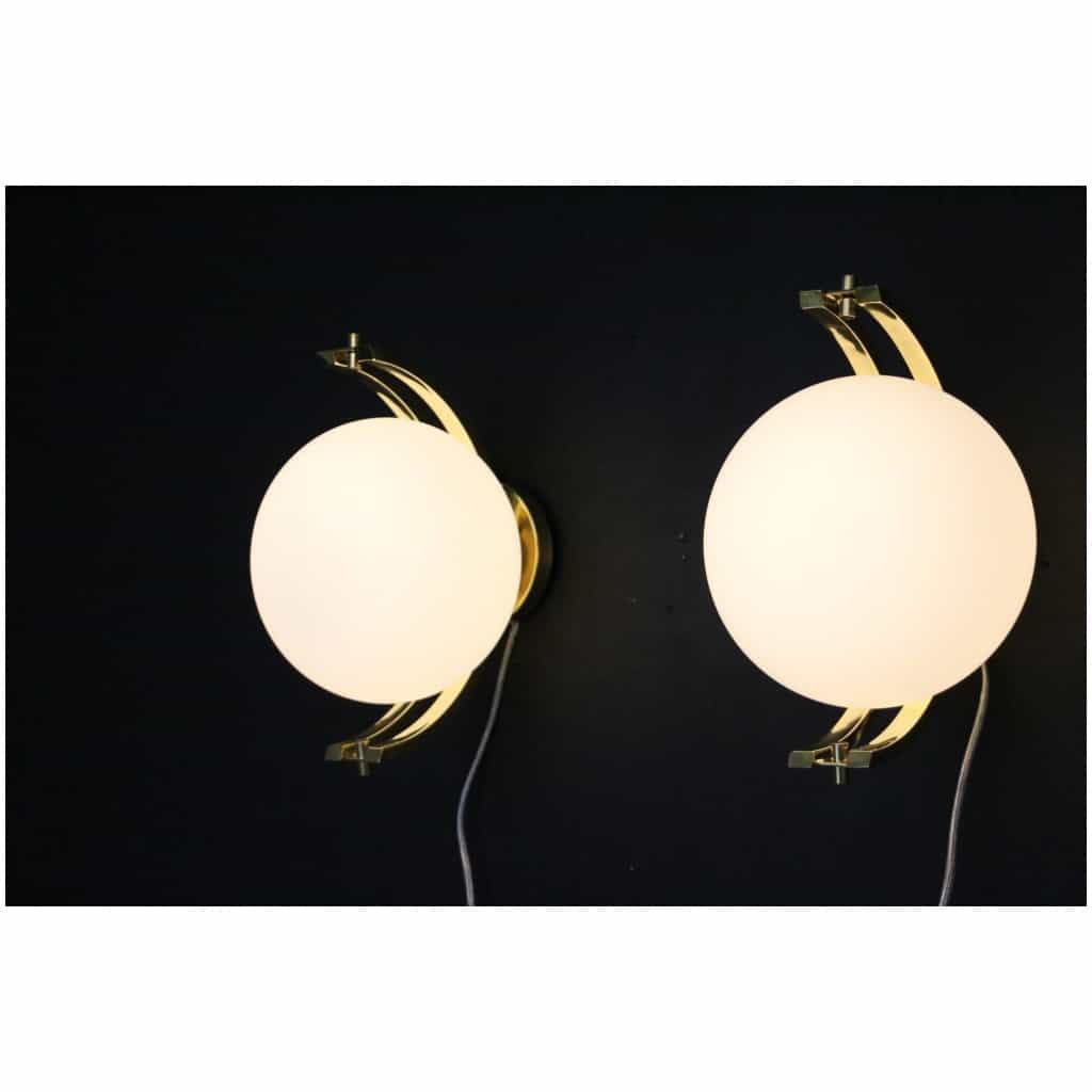 Paire de globes modernes en laiton et verre de Murano blanc, style Stilnovo 15