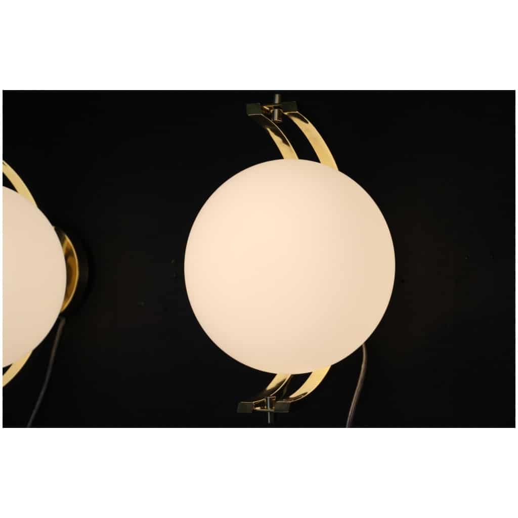 Paire de globes modernes en laiton et verre de Murano blanc, style Stilnovo 16