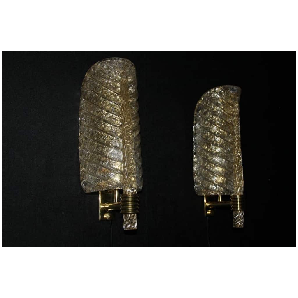 Pair of golden Murano glass sconces, leaf-shaped wall sconces, Barovier style 4