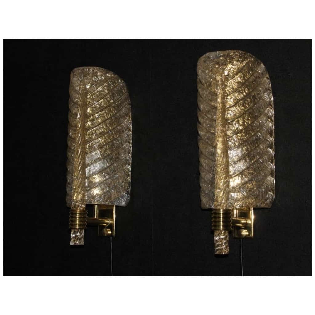 Pair of golden Murano glass sconces, leaf-shaped wall sconces, Barovier style 5