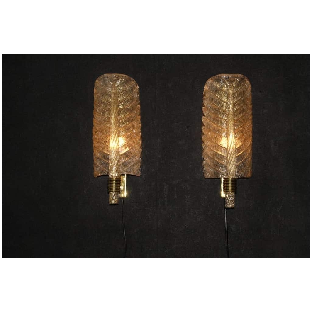 Pair of golden Murano glass sconces, leaf-shaped wall sconces, Barovier style 6