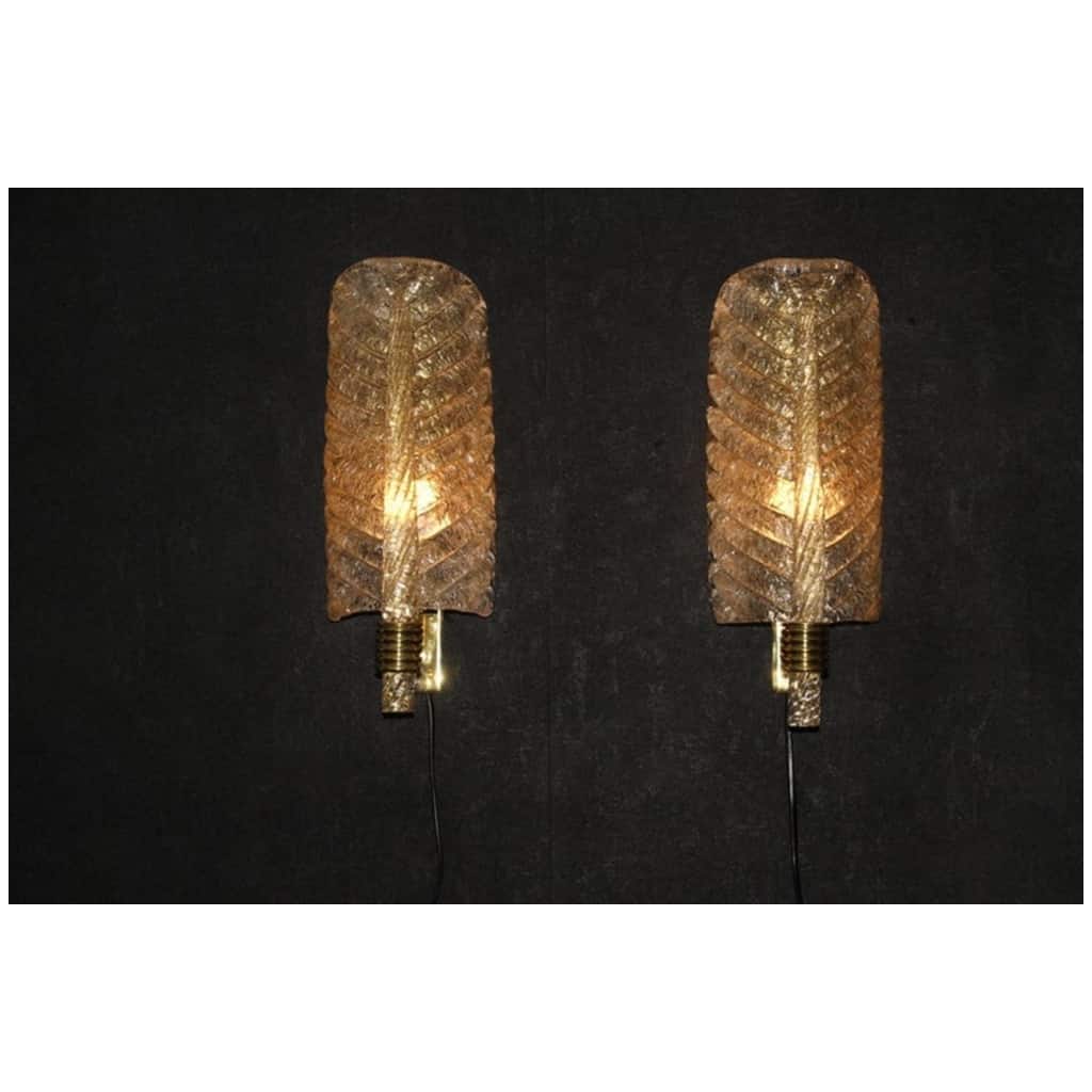 Paire d’appliques en verre de Murano doré, appliques murales en forme de feuille, style Barovier 6