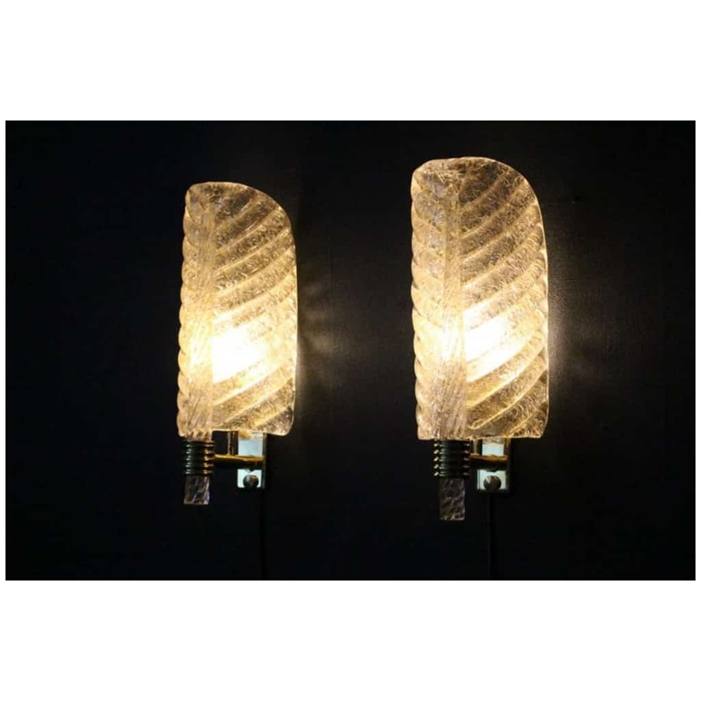 Pair of golden Murano glass sconces, leaf-shaped wall sconces, Barovier style 7