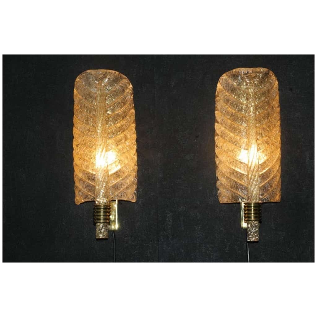 Pair of golden Murano glass sconces, leaf-shaped wall sconces, Barovier style 8