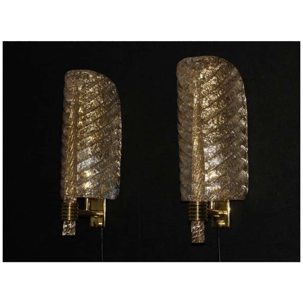 Pair of golden Murano glass sconces, leaf-shaped wall sconces, Barovier style 9