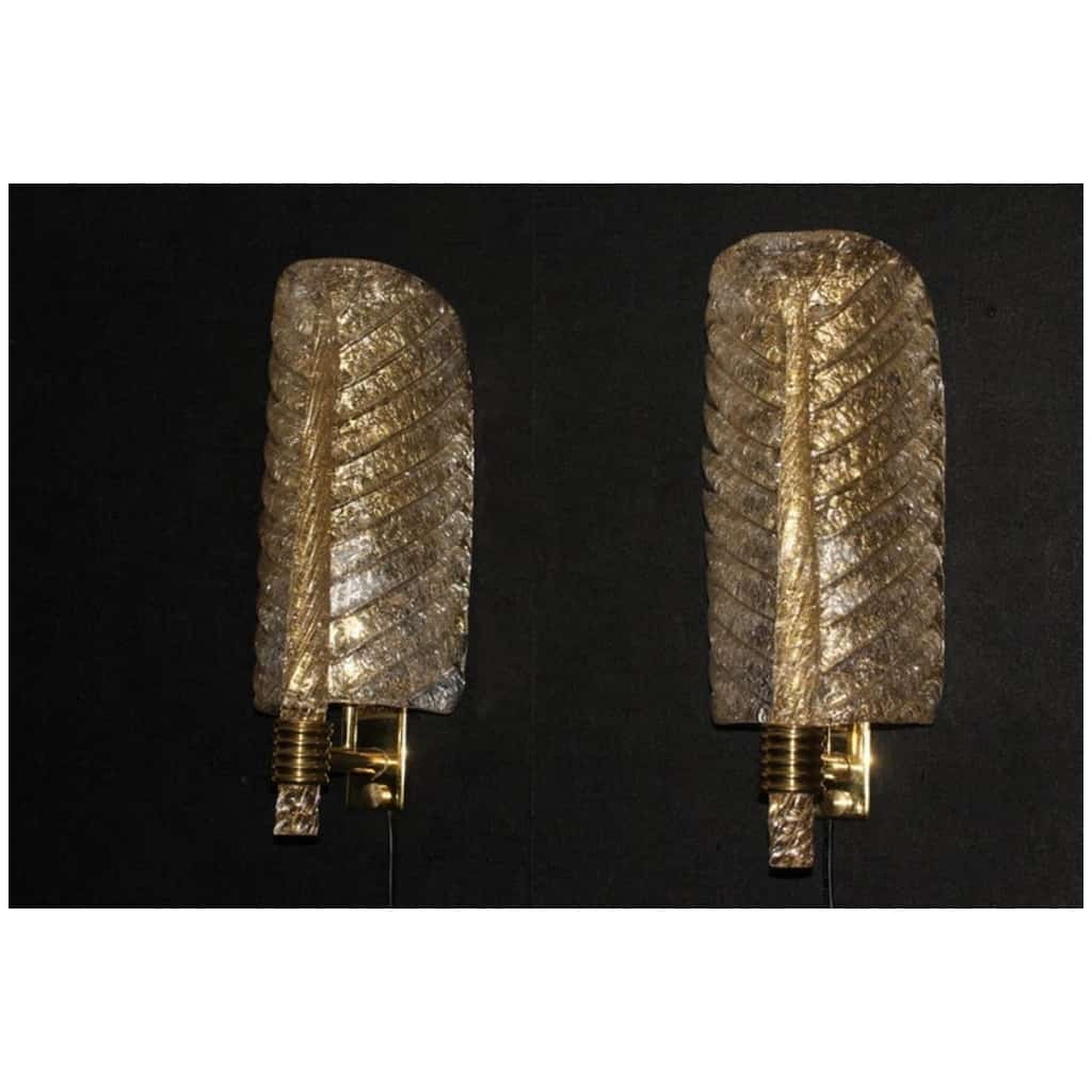 Pair of golden Murano glass sconces, leaf-shaped wall sconces, Barovier style 10