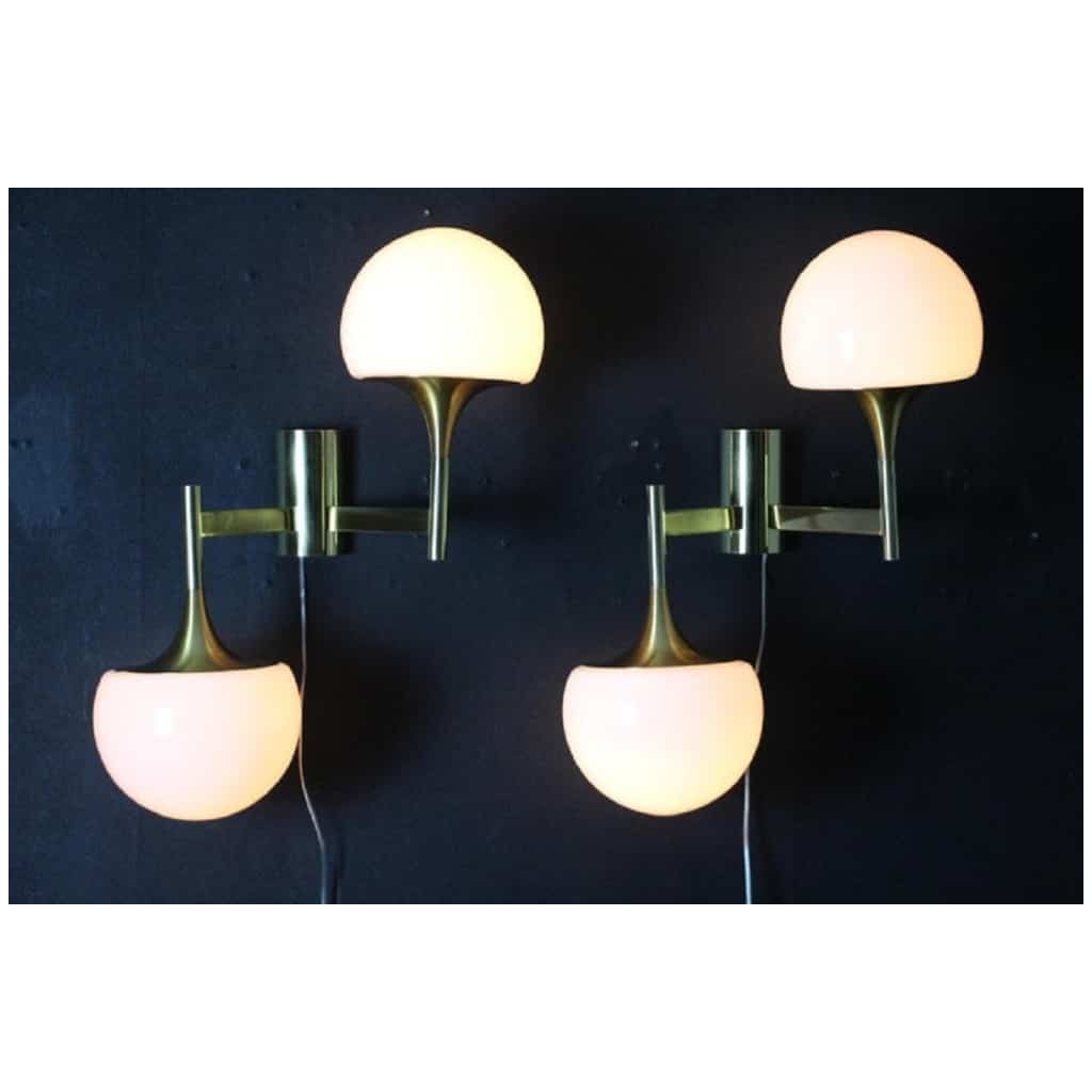 Pair of Mid-Century Brass and White Glass Stilnovo Sciolari Sconces, Wall Sconces 4