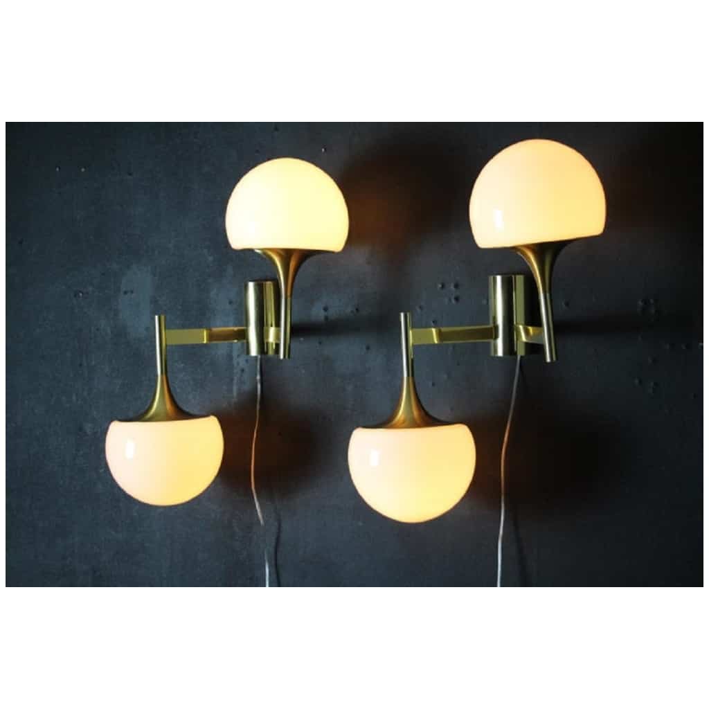 Pair of Mid-Century Brass and White Glass Stilnovo Sciolari Sconces, Wall Sconces 5