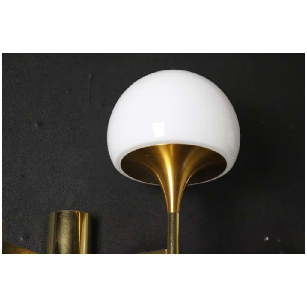 Pair of Mid-Century Brass and White Glass Stilnovo Sciolari Sconces, Wall Sconces 8