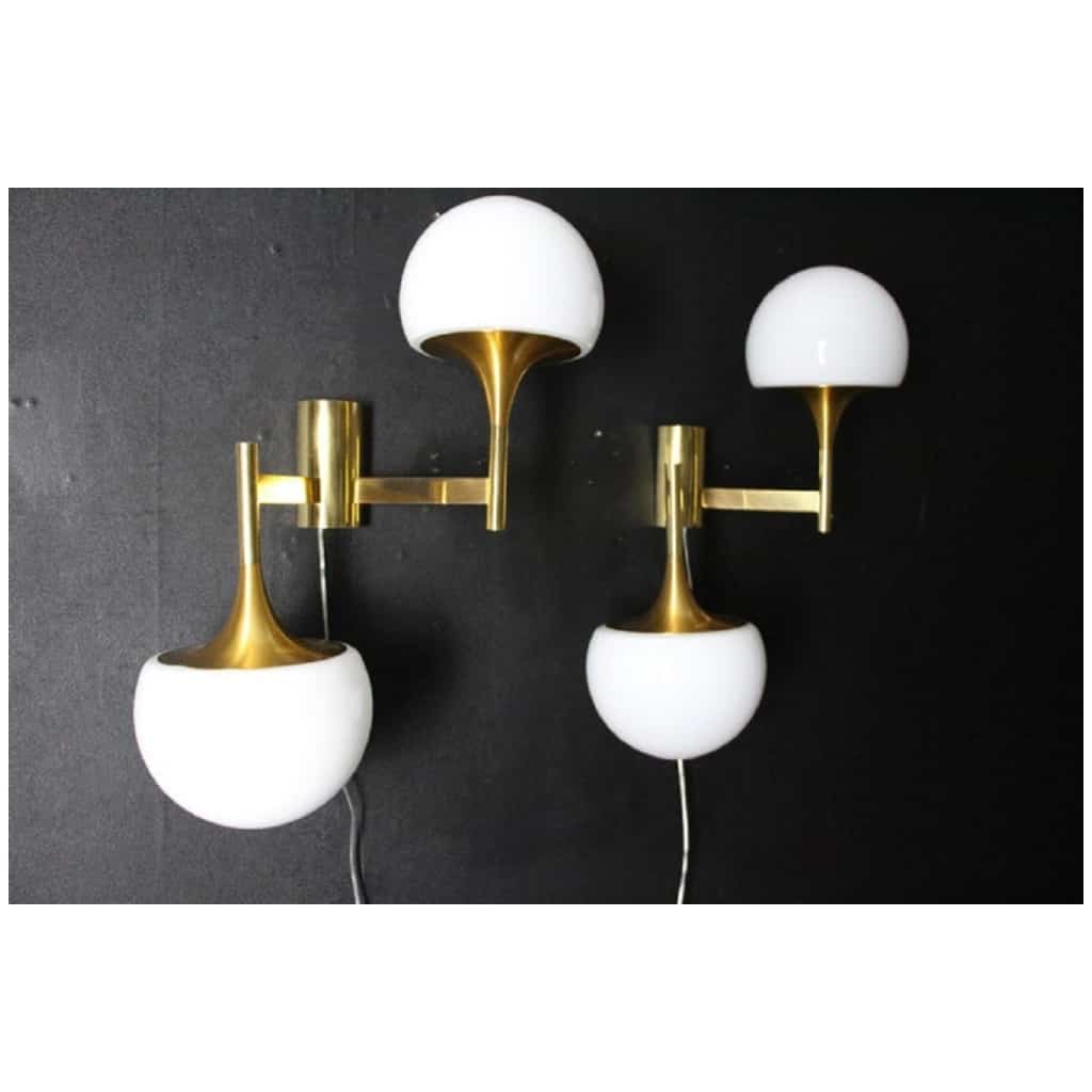 Pair of Mid-Century Brass and White Glass Stilnovo Sciolari Sconces, Wall Sconces 6