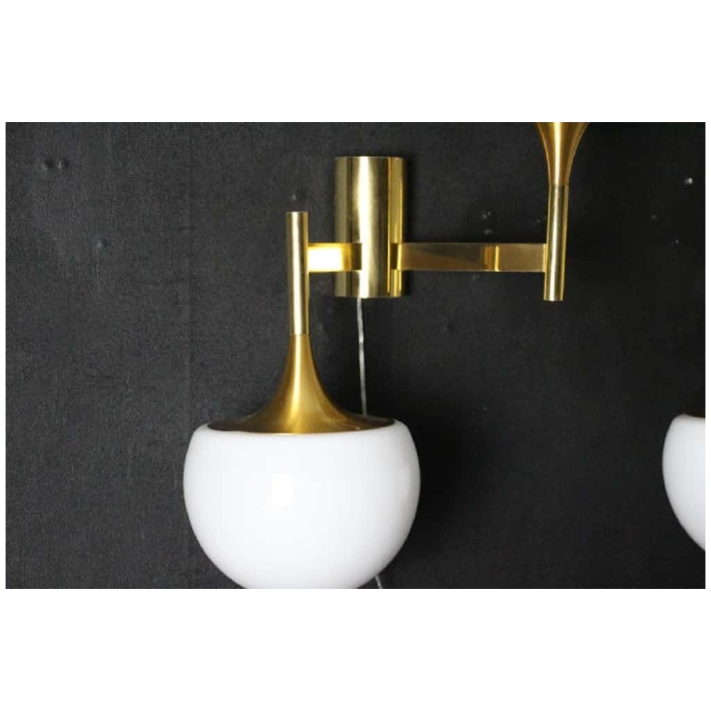 Pair of Mid-Century Brass and White Glass Stilnovo Sciolari Sconces, Wall Sconces 10