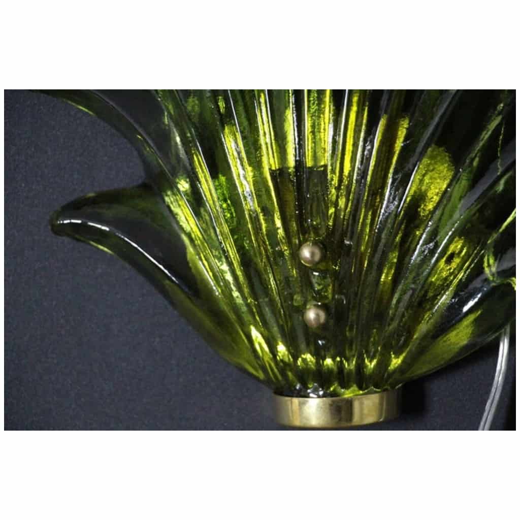 Pair of Barovier style sconces in olive green Murano glass with leaves and brass 4