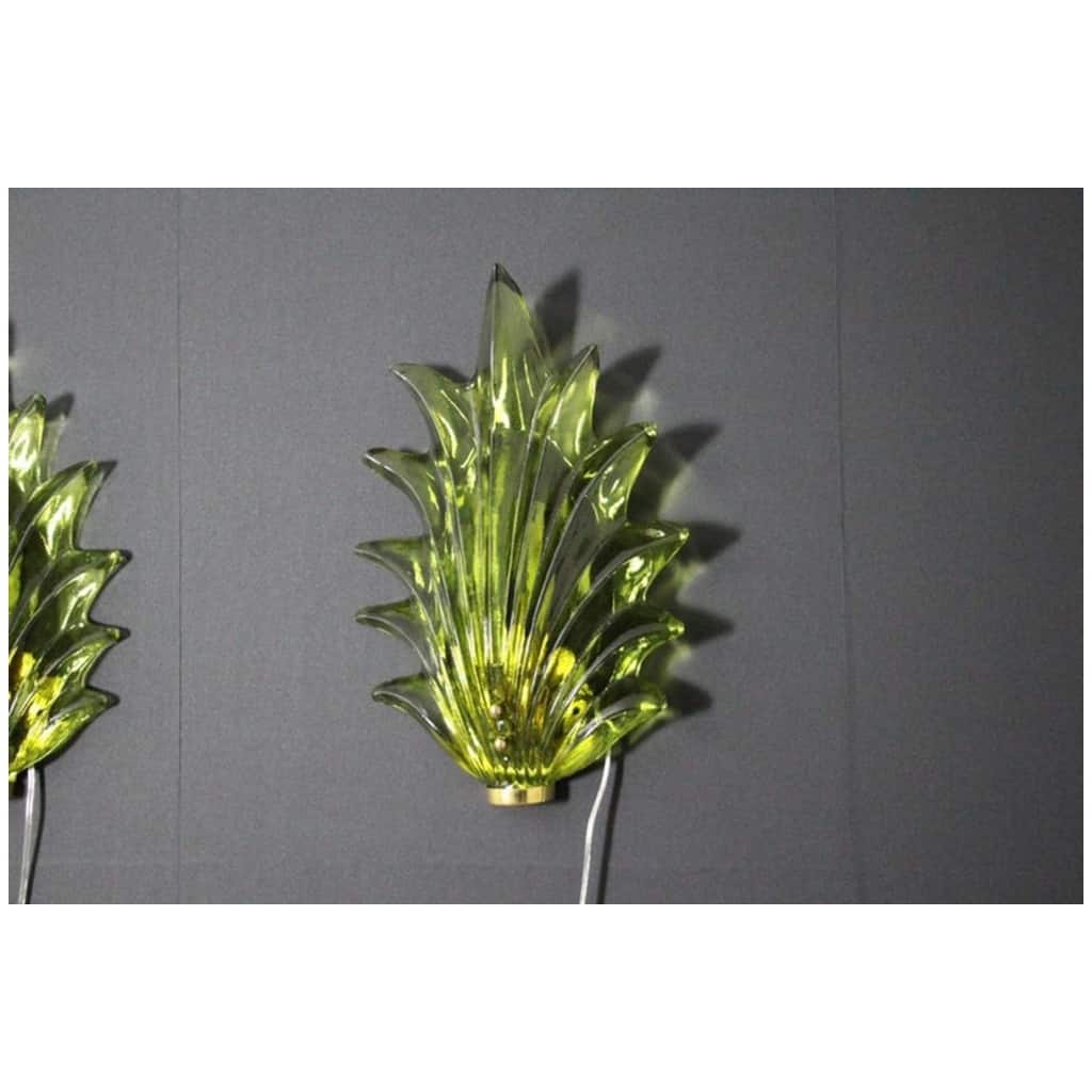 Paire d’appliques de style Barovier en verre de Murano vert olive avec feuilles et laiton 9