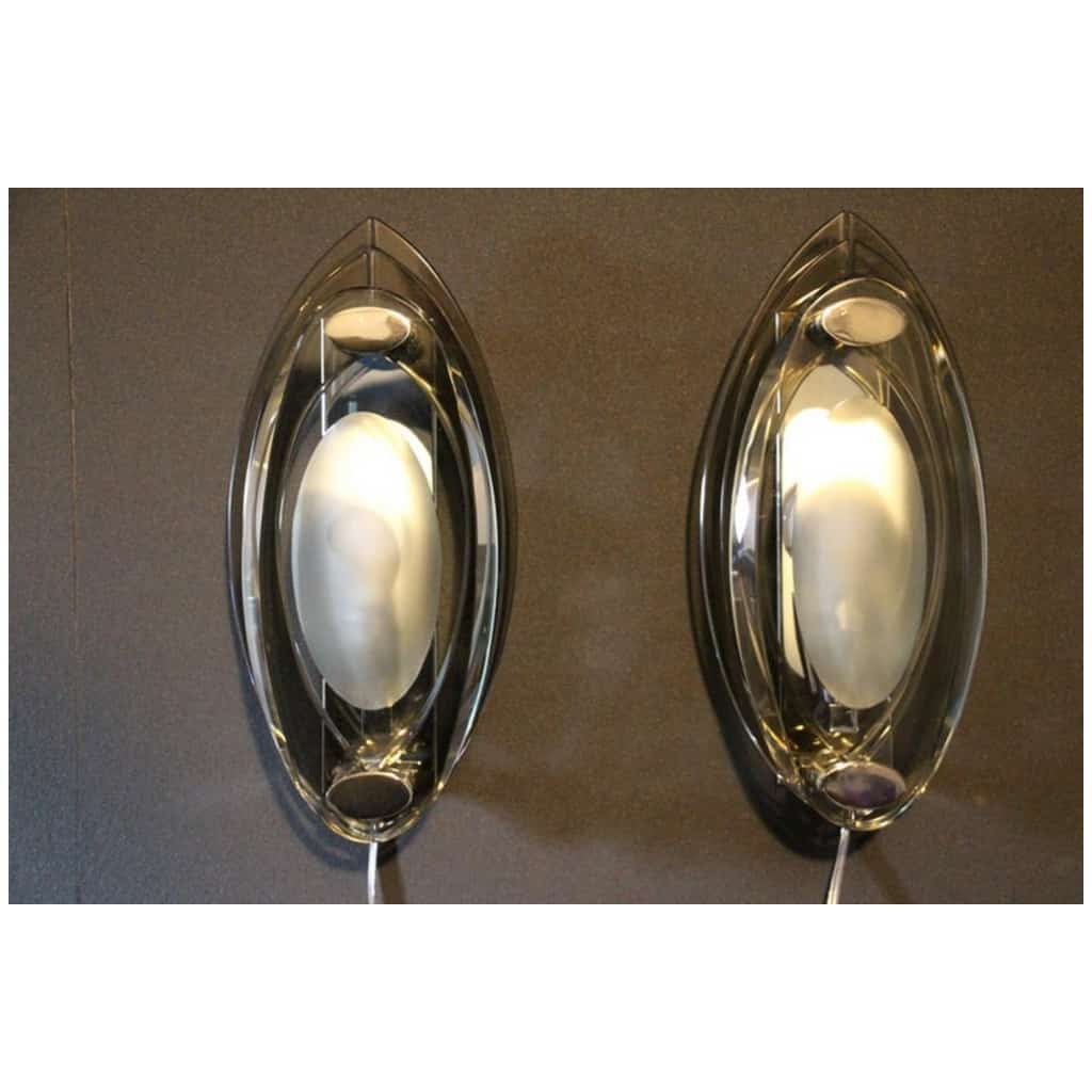 Pair of crystal glass sconces in the style of Max Ingrand and Fontana Arte 4
