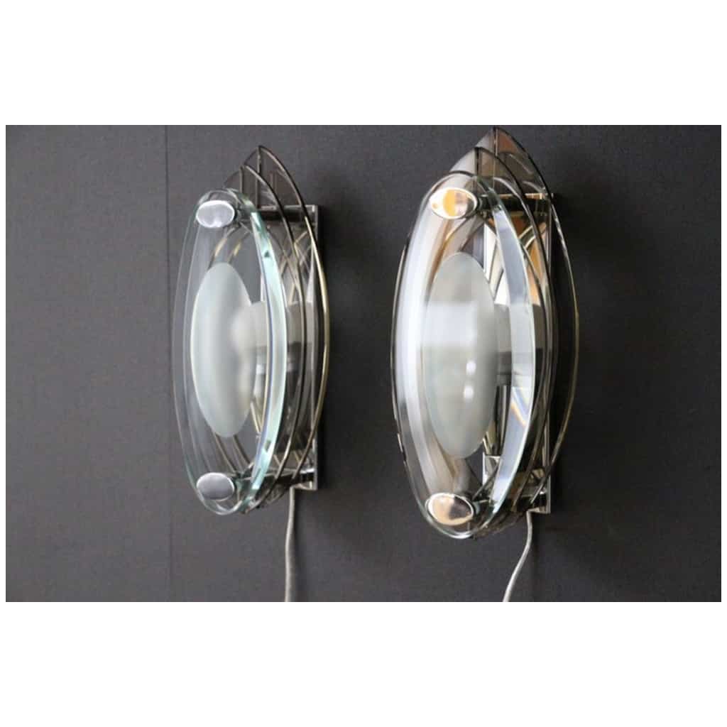 Paire d’appliques en verre de cristal dans le style de Max Ingrand et Fontana Arte 6