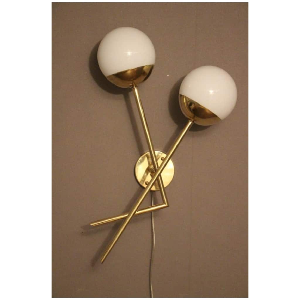 Pair of Italian Stilnovo Style Sconces in White Murano Glass and Brass 8