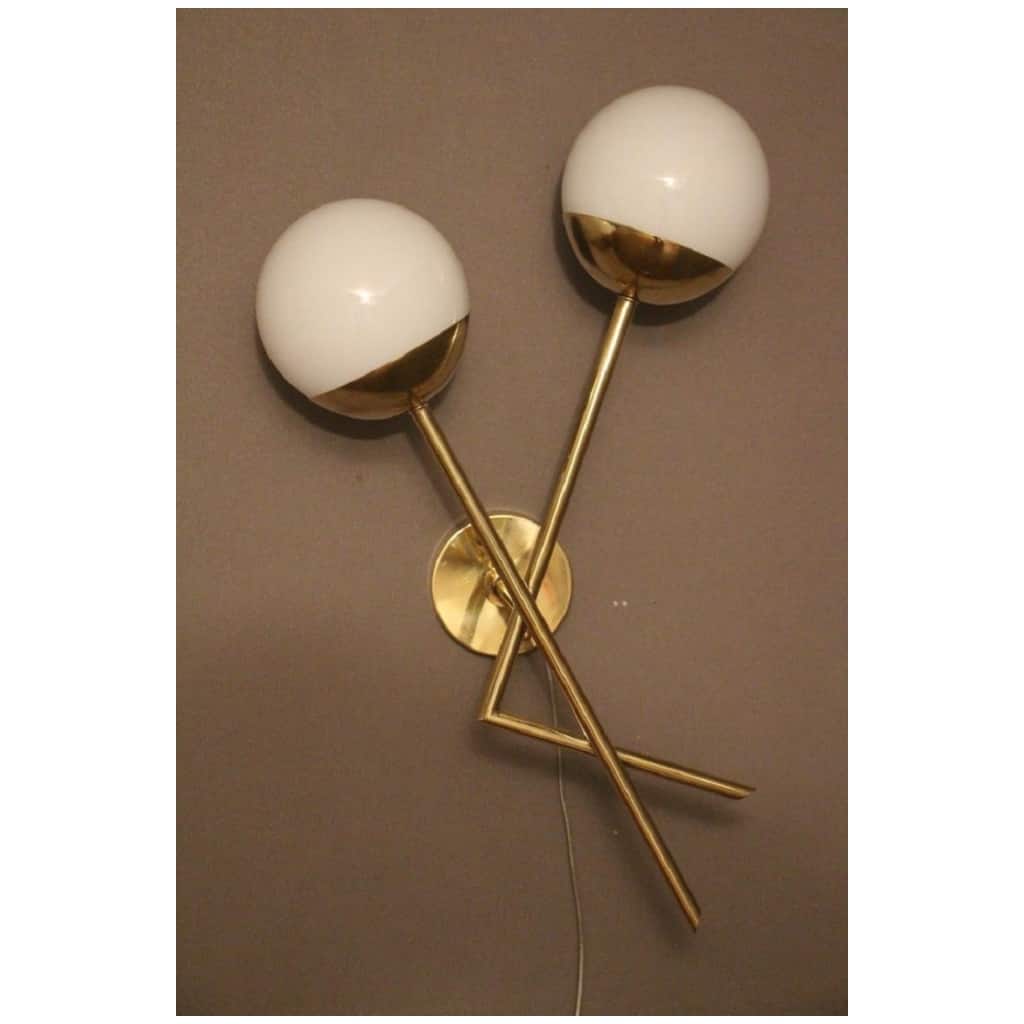 Pair of Italian Stilnovo Style Sconces in White Murano Glass and Brass 9