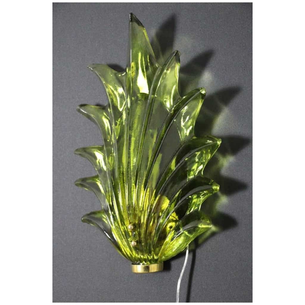 Paire d’appliques de style Barovier en verre de Murano vert olive avec feuilles et laiton 10