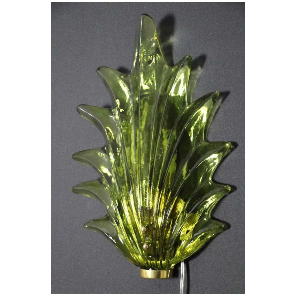 Pair of Barovier style sconces in olive green Murano glass with leaves and brass 11