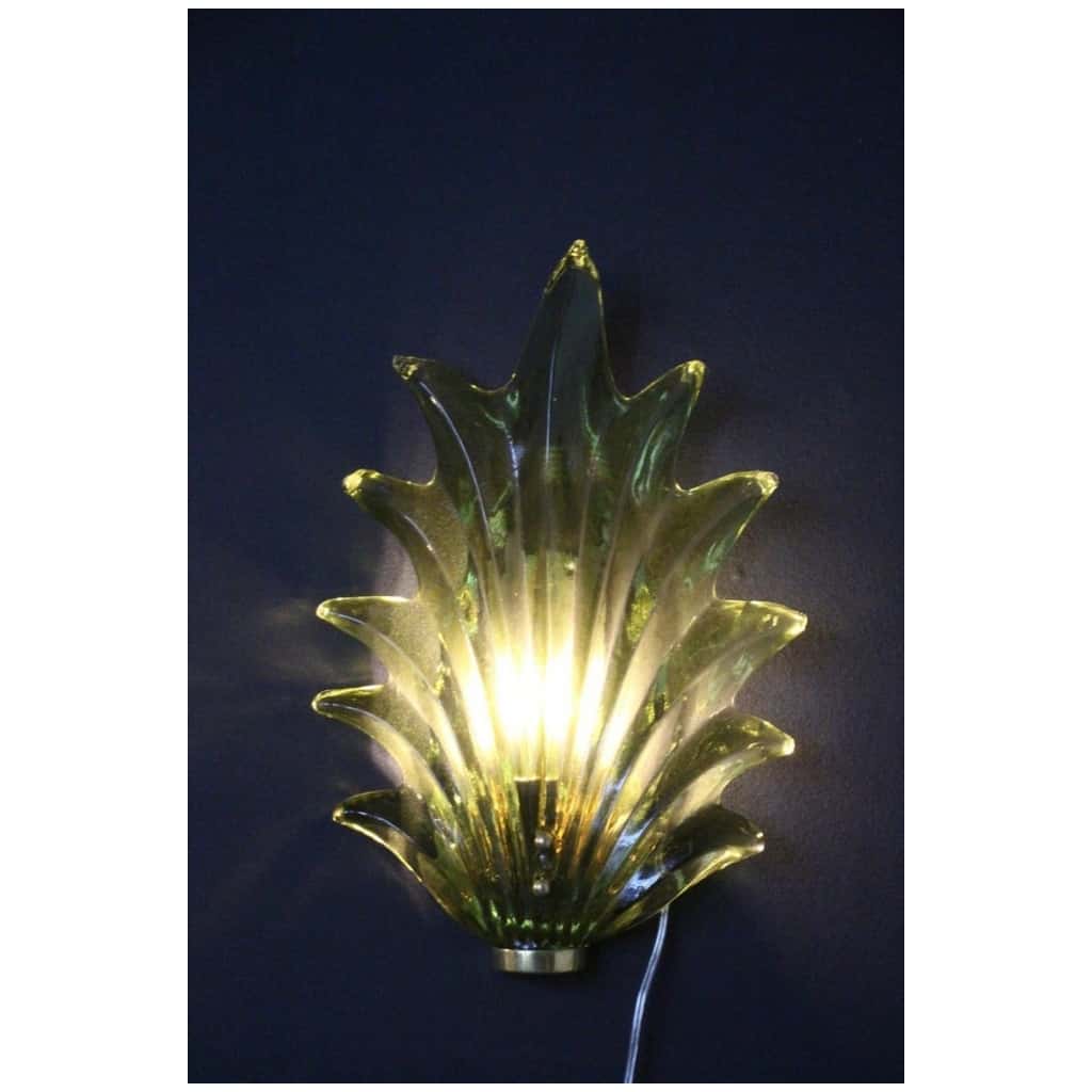 Pair of Barovier style sconces in olive green Murano glass with leaves and brass 12