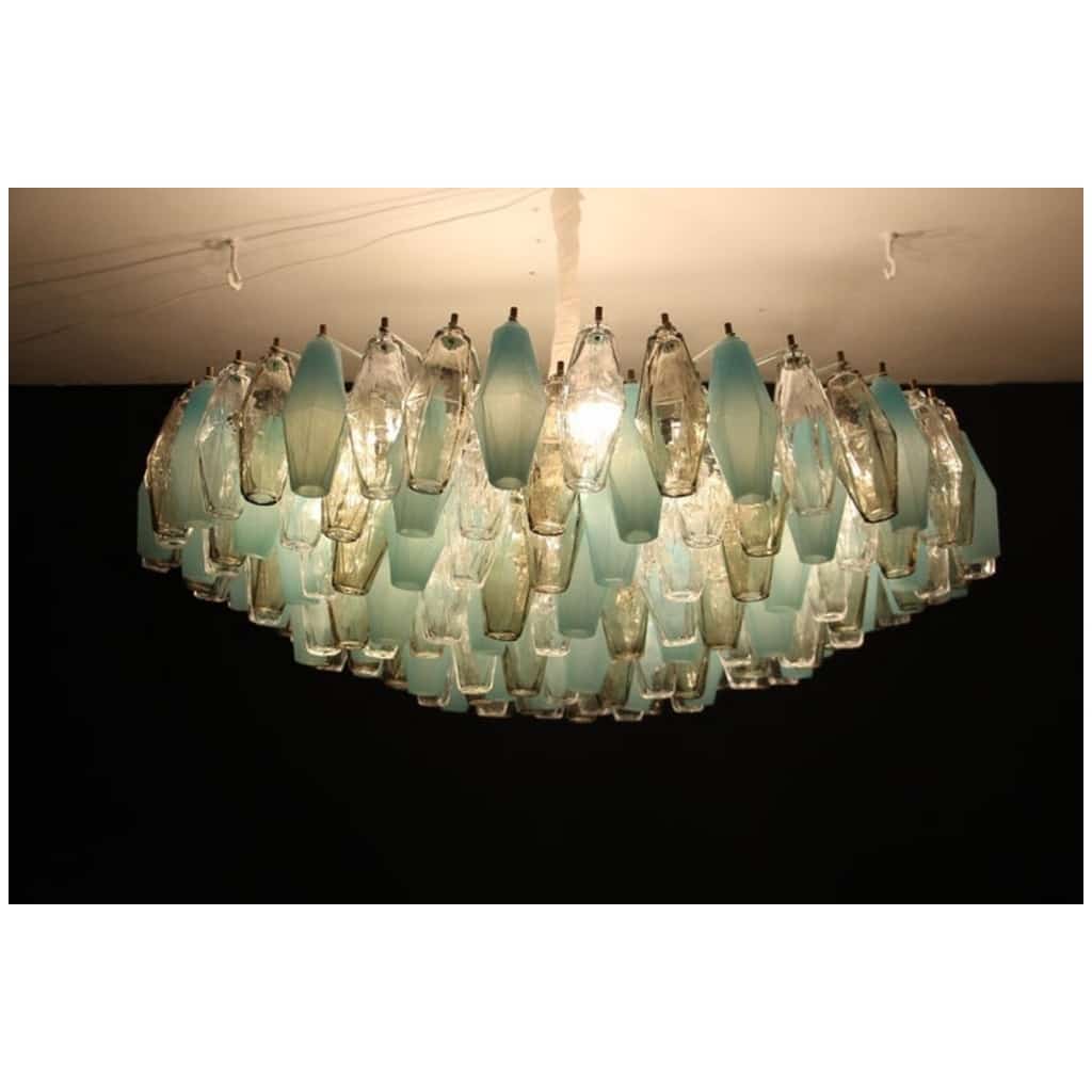 Lustre rond de style Venini du milieu du siècle dernier en bleu, ambre et blanc Poliedri 4