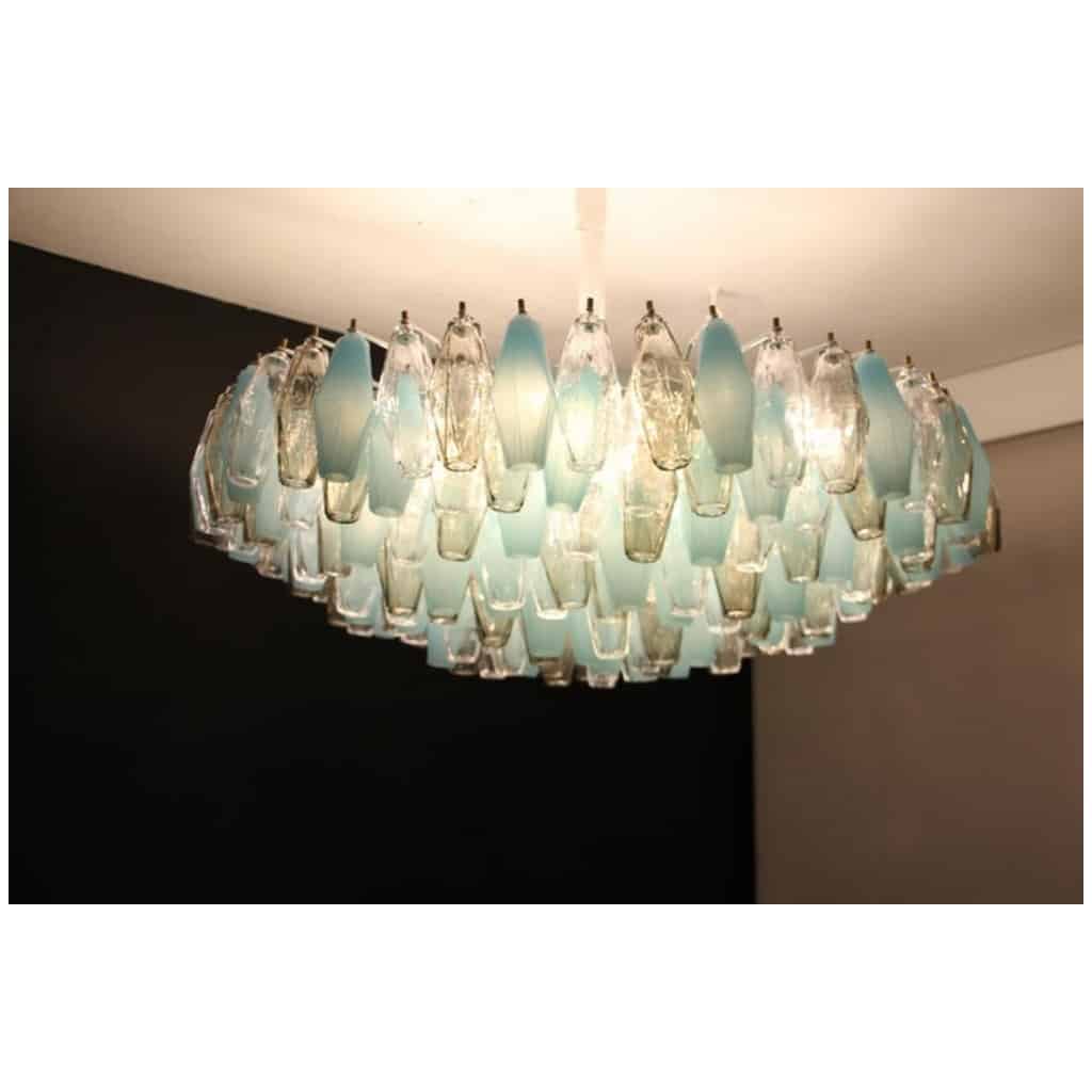 Lustre rond de style Venini du milieu du siècle dernier en bleu, ambre et blanc Poliedri 7