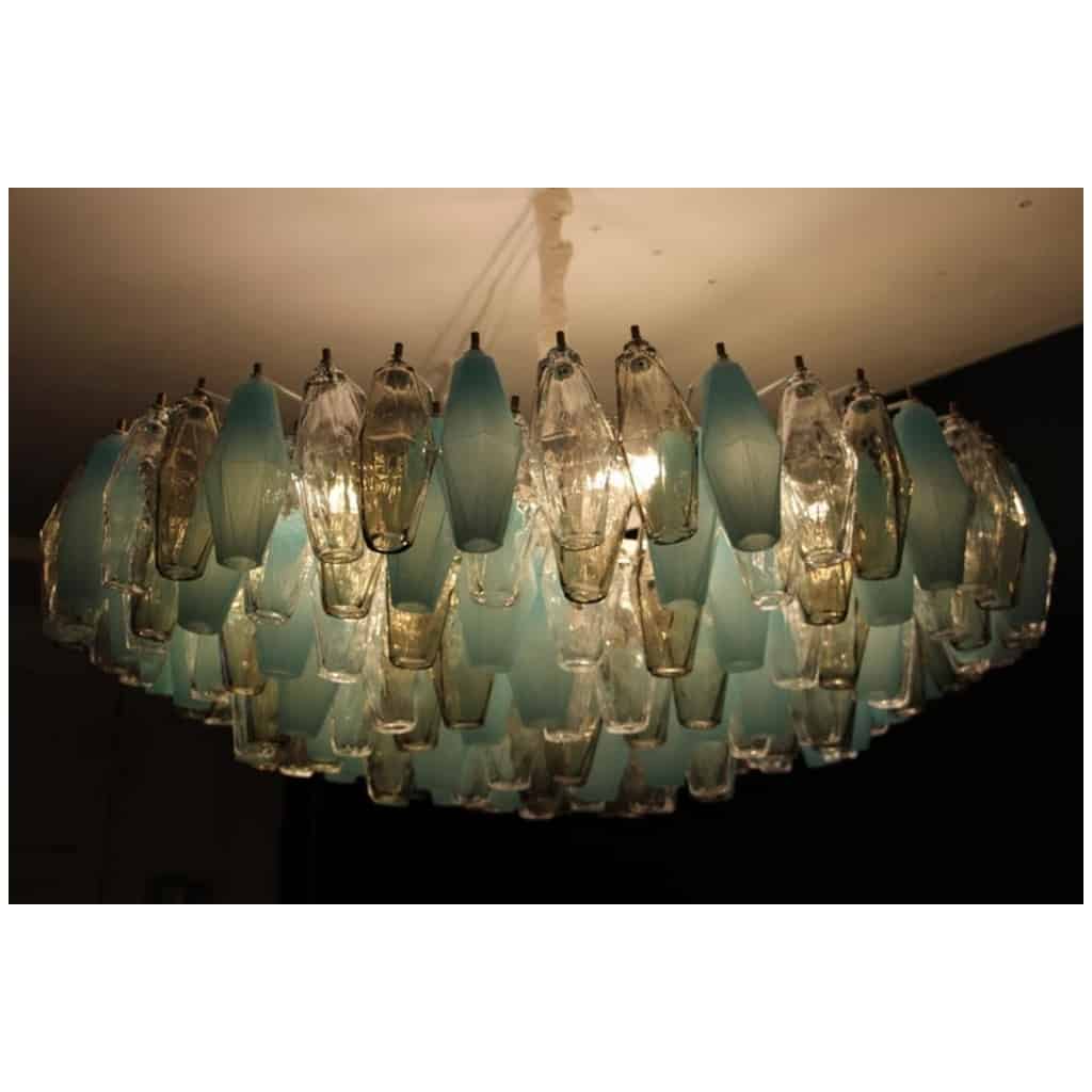 Lustre rond de style Venini du milieu du siècle dernier en bleu, ambre et blanc Poliedri 12