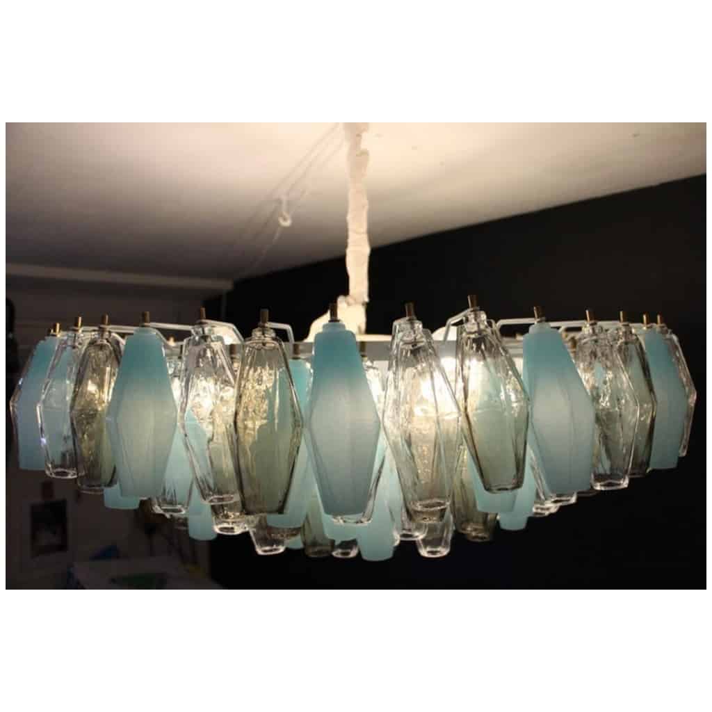 Lustre rond de style Venini du milieu du siècle dernier en bleu, ambre et blanc Poliedri 16