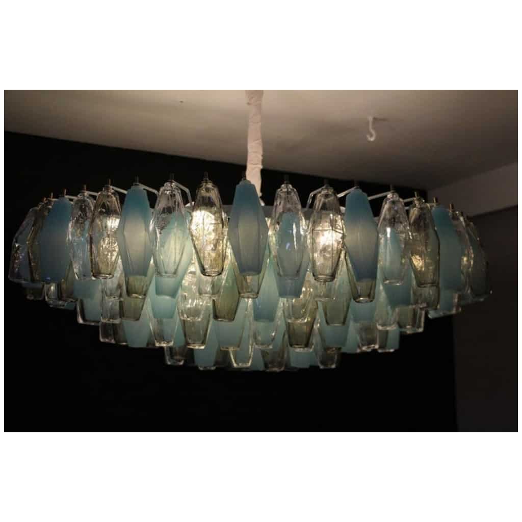 Lustre rond de style Venini du milieu du siècle dernier en bleu, ambre et blanc Poliedri 17