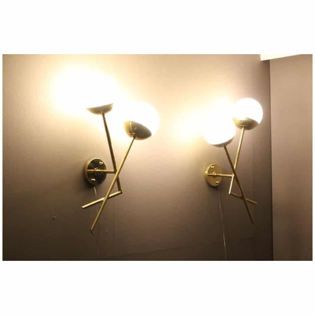 Pair of Italian Stilnovo Style Sconces in White Murano Glass and Brass 4