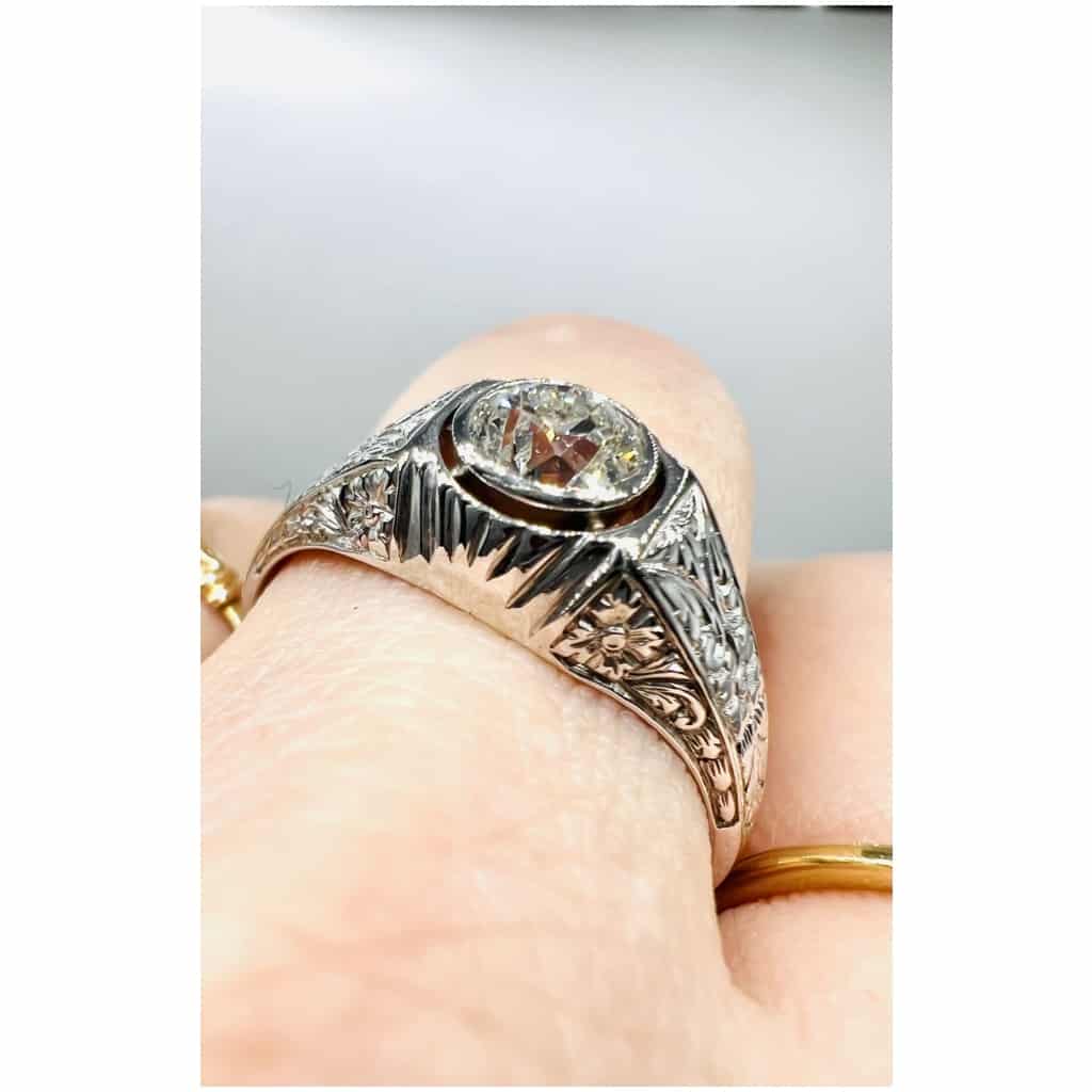 Signet Ring In 18 Carat White Gold Set In Its Center With An Old Cut Diamond For 1 Carat About 8