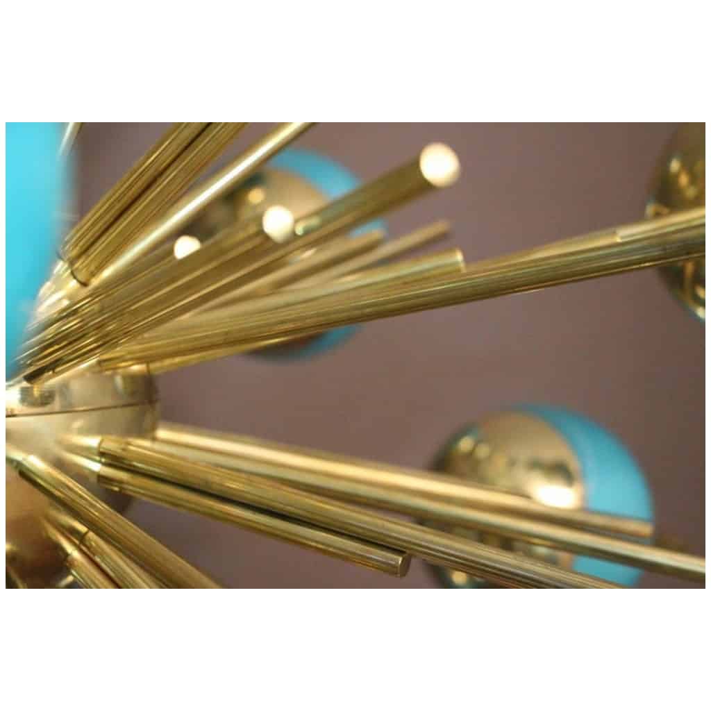 Sputnik chandelier in brass and blue glass globes 6