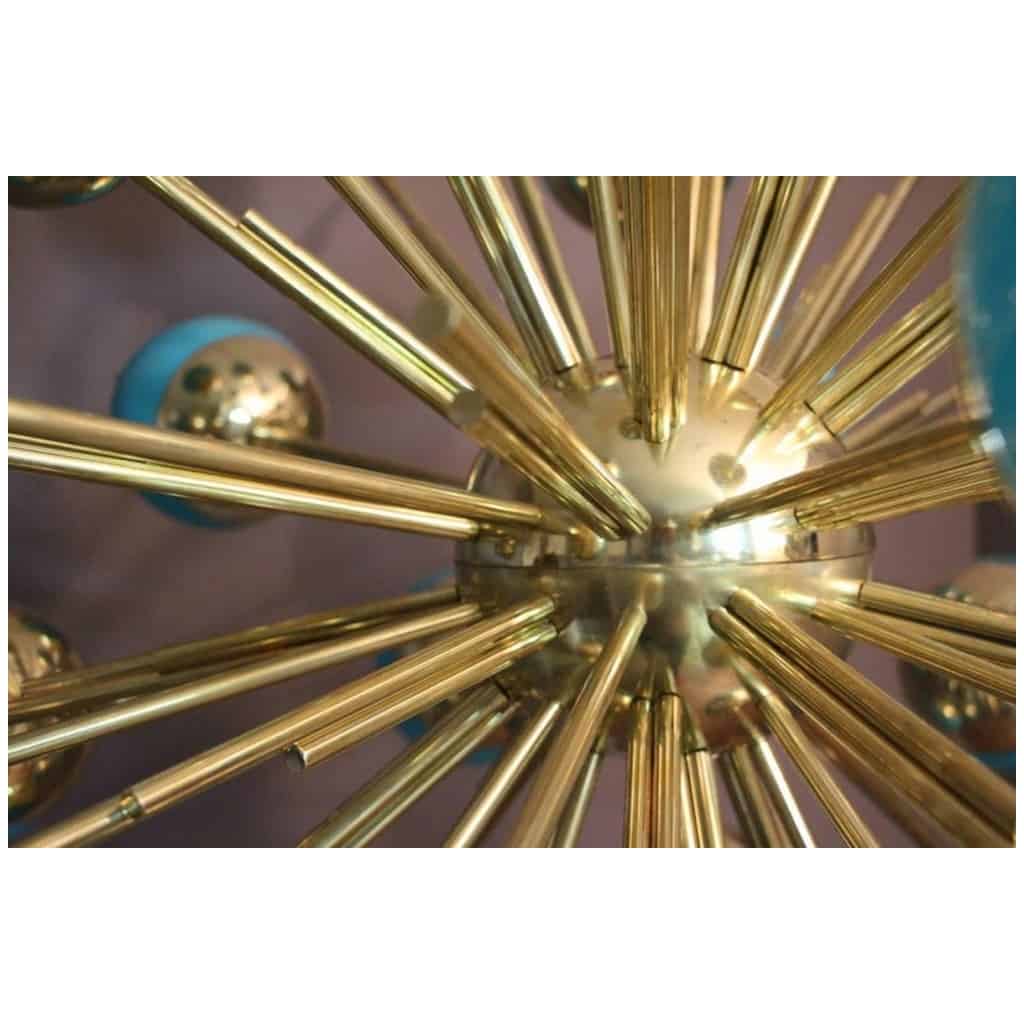 Sputnik chandelier in brass and blue glass globes 9