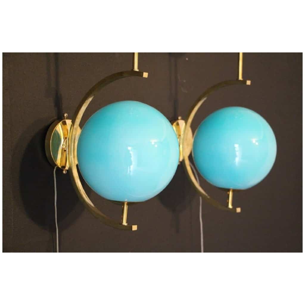 Pair of Mid-Century Modern Italian Sconces in Brass and Turquoise Blue Glass 5