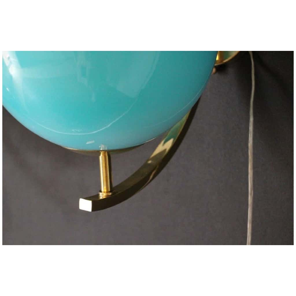 Pair of Mid-Century Modern Italian Sconces in Brass and Turquoise Blue Glass 9